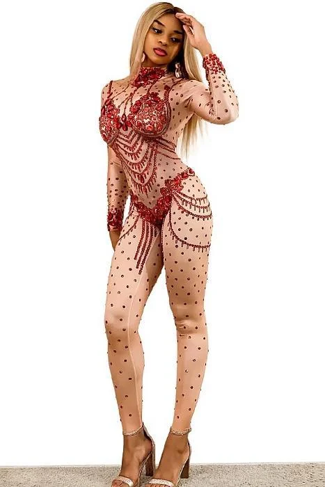 Eclectic Fashion Ex Revenge Red Diamante Bodysuit (Rhinestones)