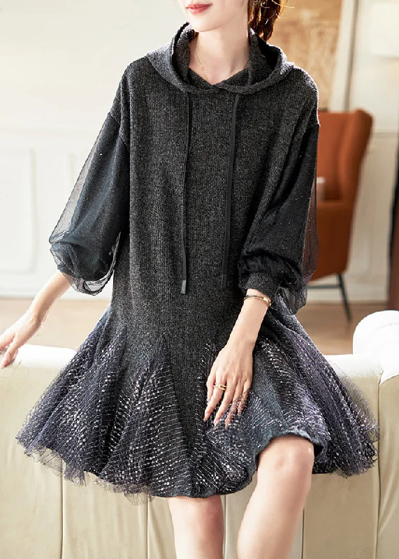 Online Boutiques Affordable Stylish Dark Grey Hooded Tulle Patchwork Knit Dresses Spring