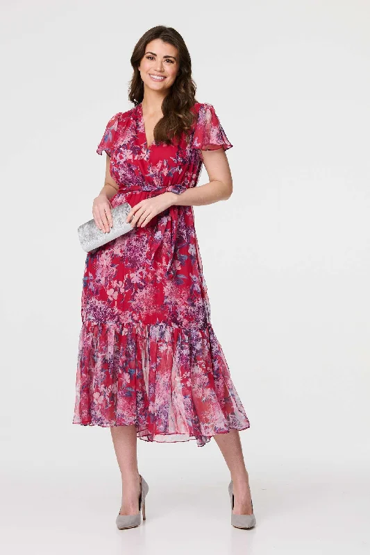 Clearance Event Floral Short Sleeve Tiered Midi Dress