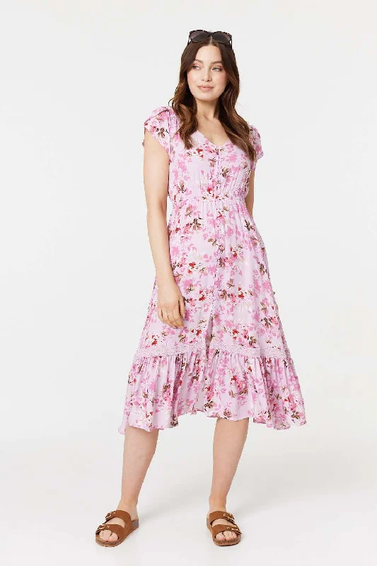 Flash Discount Floral Print Cap Sleeve Midi Dress