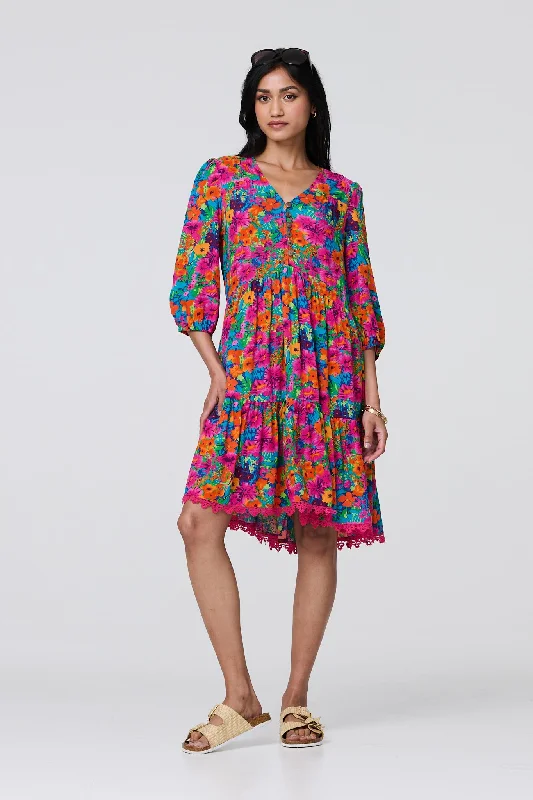 Women's Stylish Outerwear Floral 3/4 Sleeve Smock Dress