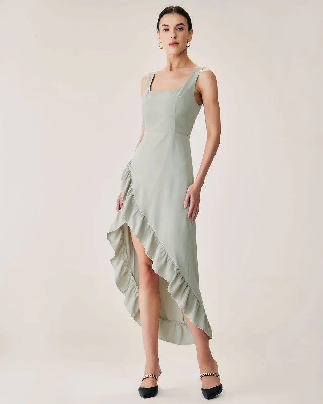 Women's Clothes Green Ruffle Slit Slip Maxi Dress