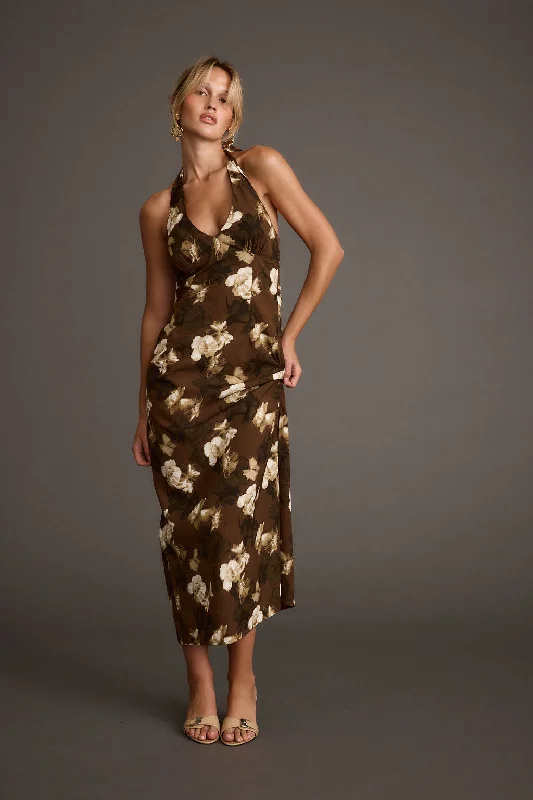 Laid-Back Elegance Audrina Brown Floral Halter Maxi Dress