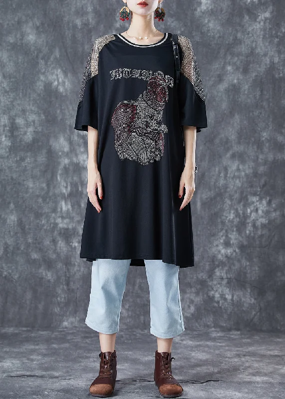 Season Offer Black Patchwork Cotton Mid Dress Oversized Zircon Elephant Summer