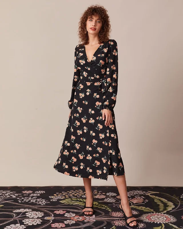 Women's Online Clothing Boutique The Black V Neck Floral Wrap Midi Dress