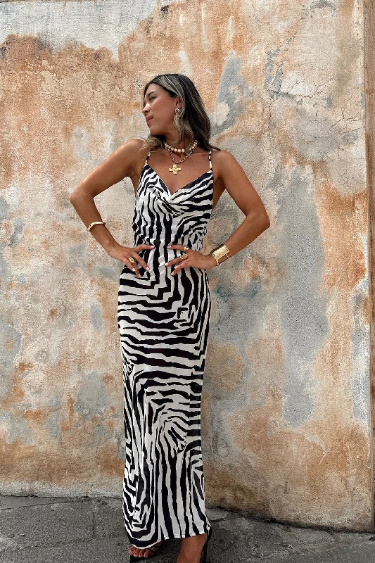 Stylish Everyday Clothing Gianna Zebra Cowl Neck Chiffon Maxi Dress