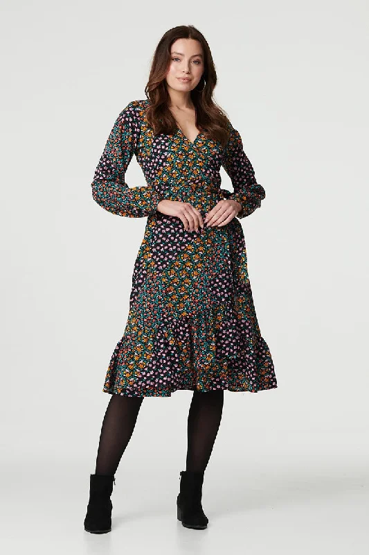 Versatile Wardrobe Essentials Patchwork Print Ruffled Wrap Dress