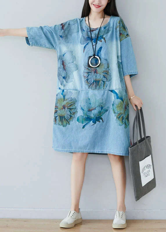 Chic Women's Outfit Ideas Modern Blue O Neck Print Cotton Dresses Summer