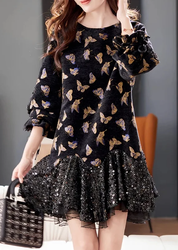 Holiday Discount New Black Butterfly Sequins Tulle Patchwork Mid Dress Butterfly Sleeve