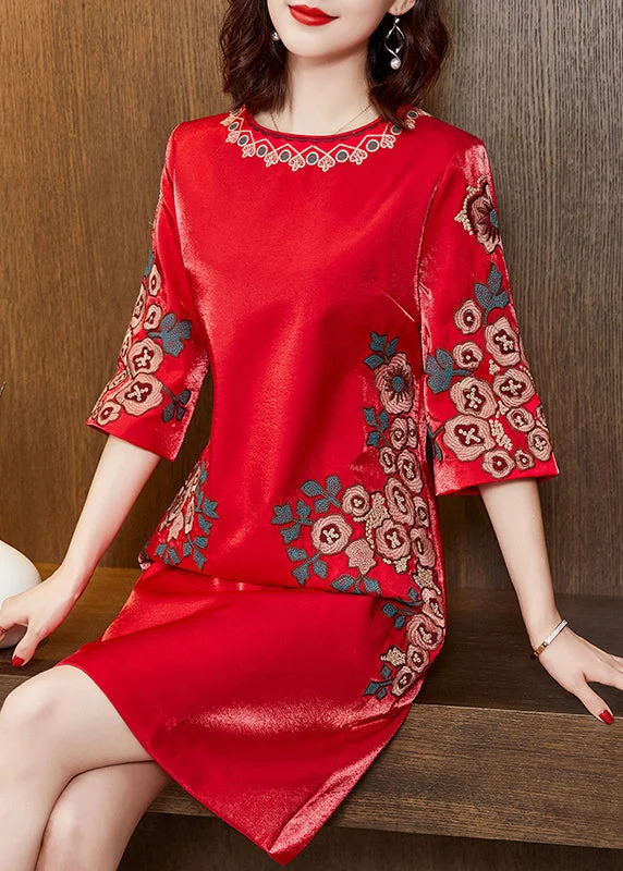 Vintage Style Clothing Sale Beautiful Red O-Neck Print Silk Mid Dress Half Sleeve