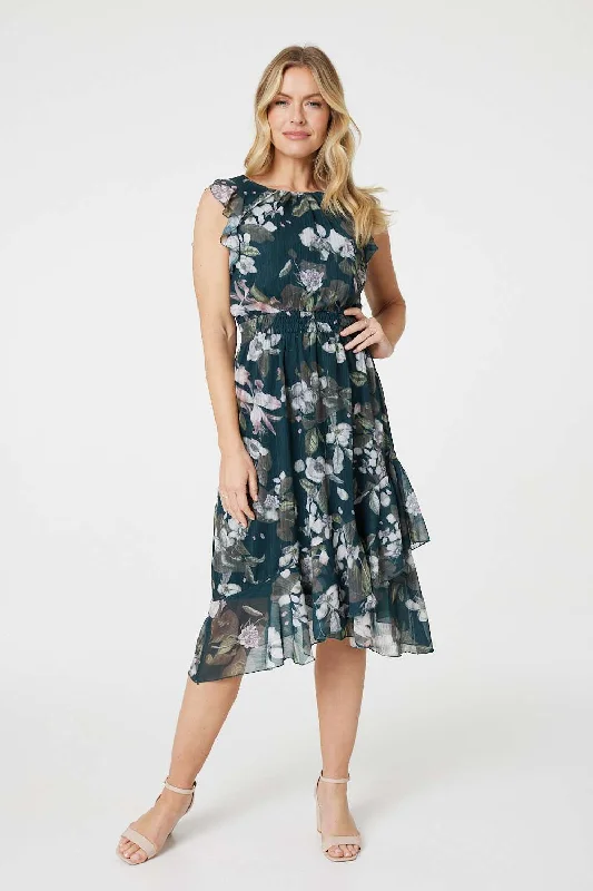 Flash Sale, Don't Miss Floral Frill Shirred Midi Dress