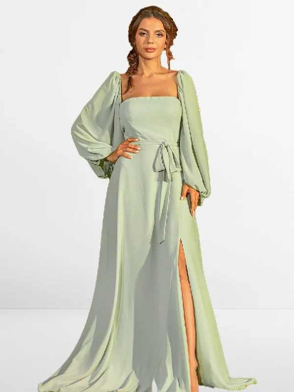 Casual Chic 2025 Detachable puff sleeve Bridesmaid Dresses Green Chiffon