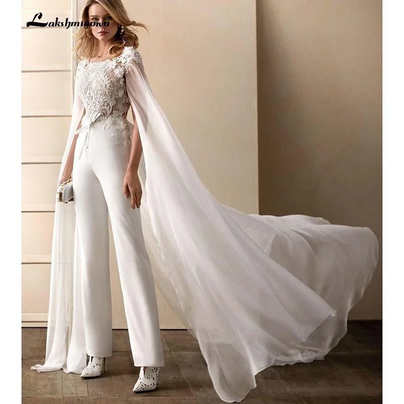 Gorgeous Glamour Collection Roycebridal Wedding Dress Jumpsuits With Wrap Floral Appliqued Short Sleeves