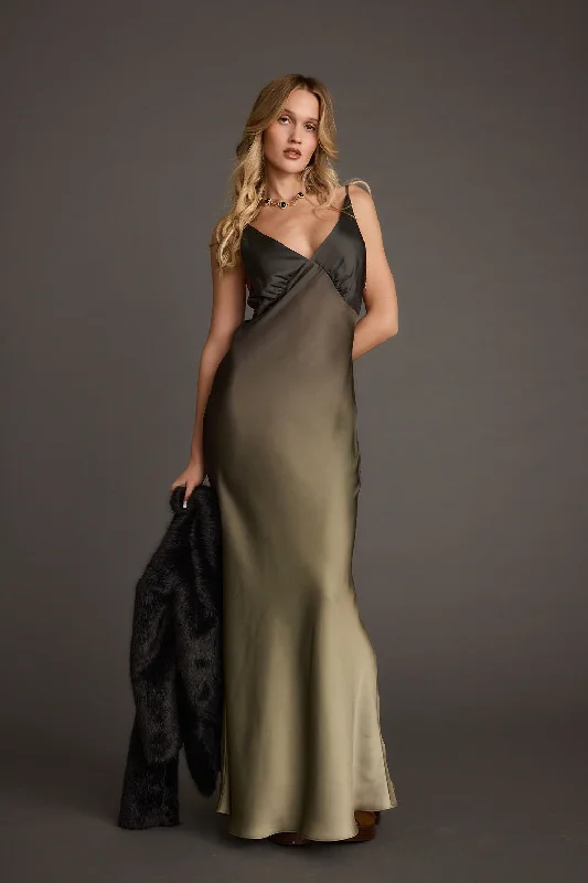 Style Versatile Women's Collection Mirabella Olive Satin Ombre Maxi Dress