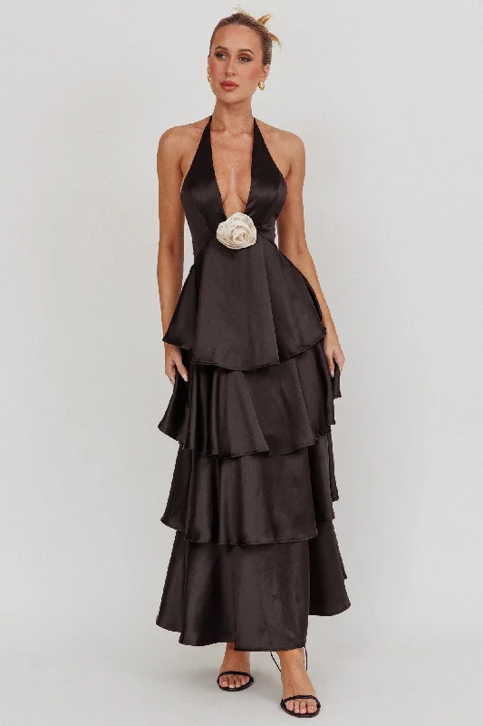 Trendsetting Threads Catalina Tiered Ruffle Rosette Maxi Dress Black