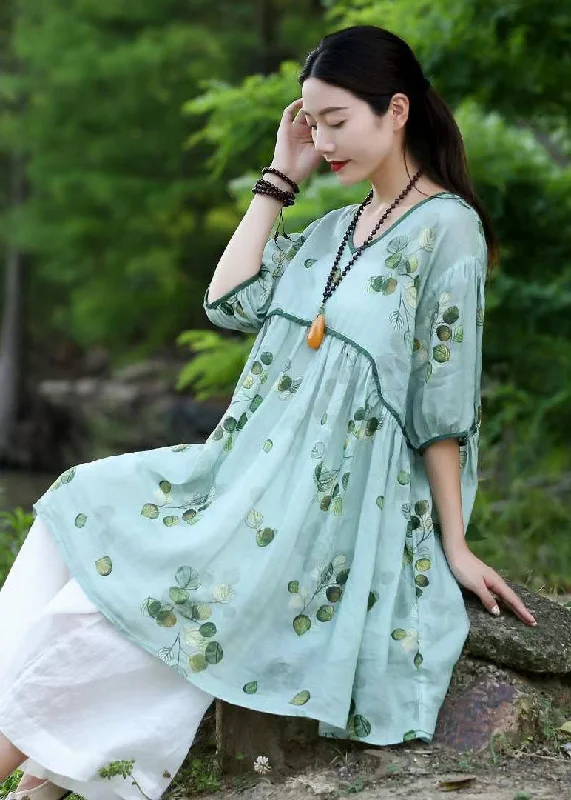 Comfortable Women's Outfits Organic Green V Neck Print Patchwork Linen Dresses Summer