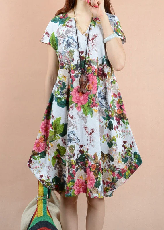 Women Fashion Boutique Rose V Neck Print Patchwork Linen Dresses Summer