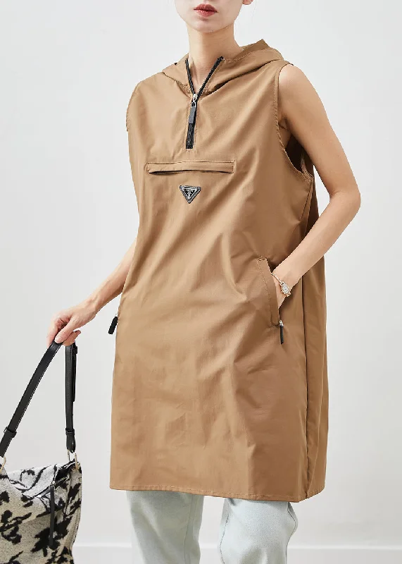 Chic Trends Unveiled Unique Khaki Hooded Cotton Mini Dresses Sleeveless