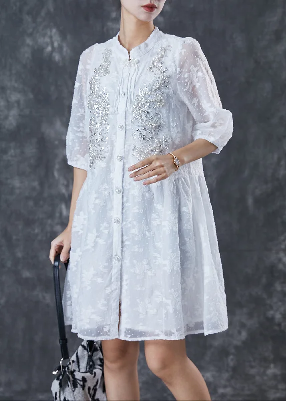 Limited Stock, Big Discounts Beautiful White Tasseled Nail Bead Cotton Dress Half Sleeve