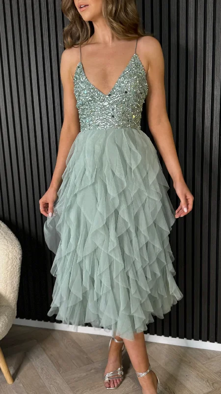 Clearance Sale, All Cheap Soraya Teal Embellished Tulle Midi Dress