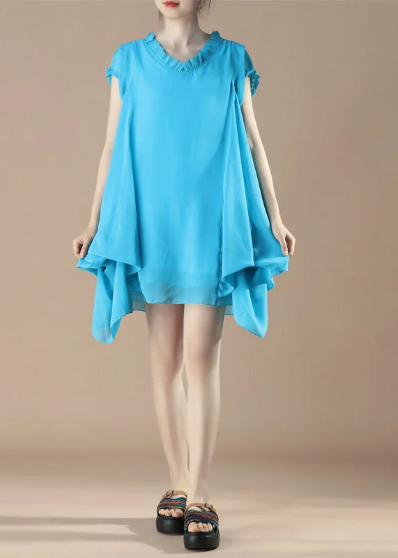 Elegant Styles French Blue V Neck Ruffled Patchwork Chiffon Dress Summer