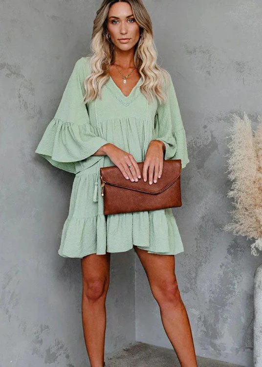 Online Boutiques Best Italian Light Green Tasseled Patchwork Wrinkled Chiffon Dress Summer