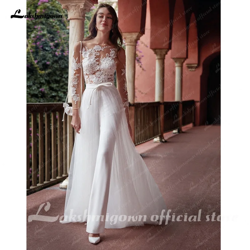 Season Offer Roycebridal Long Sleeves Lace Jumpsuits Wedding Dresses With Detachable Train Soft Satin White bridal gown Vestido De Noiva