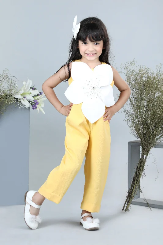 Trendy And Individual Women's Fashion Pre-Order: Jumpsuit with 3D Flowers Embellished with Stones-Yellow/White