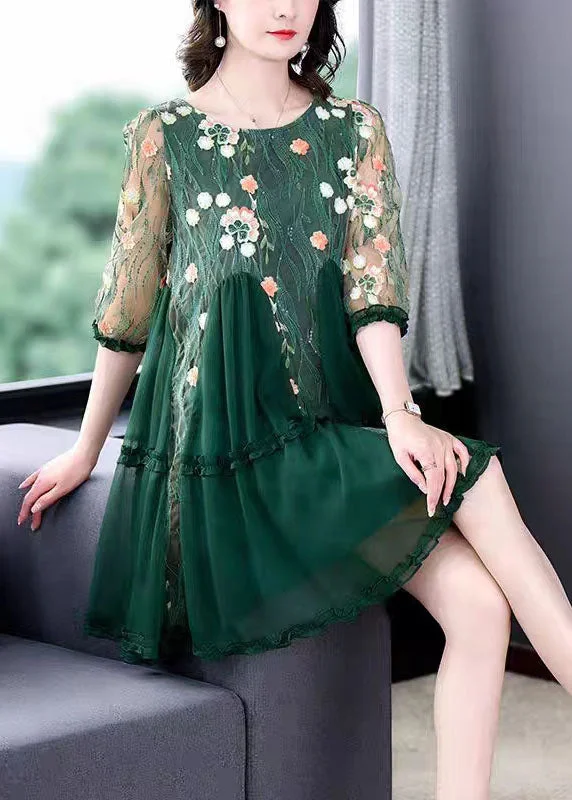 Trendy Attire For Her Boutique Green Embroideried Patchwork Tulle Mid Dresses Summer