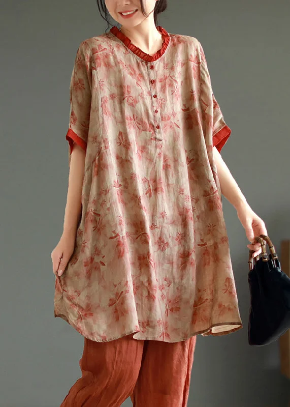 Comfy Women's Outfits for Daily Wear Elegant Red Ruffled Print Patchwork Linen Mid Dress Summer