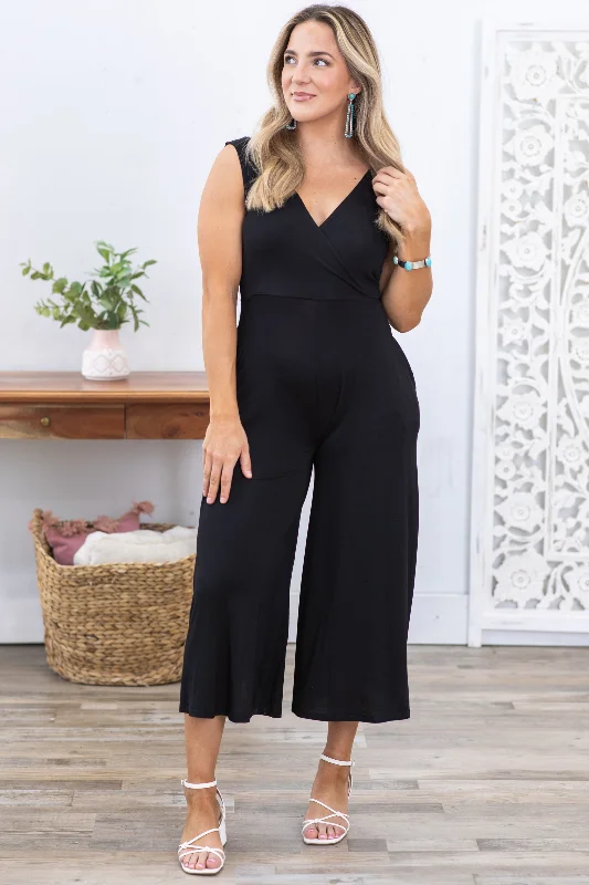 Flash Sale Clothing Black Surplice Neckline Sleeveless Jumpsuit