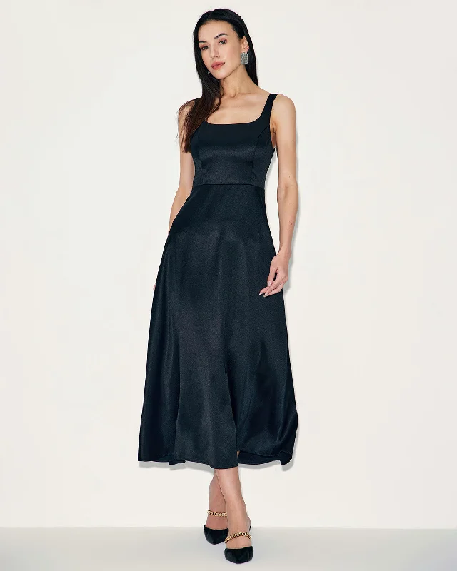 Clothes Woman Black Satin A-Line Slip Maxi Dress