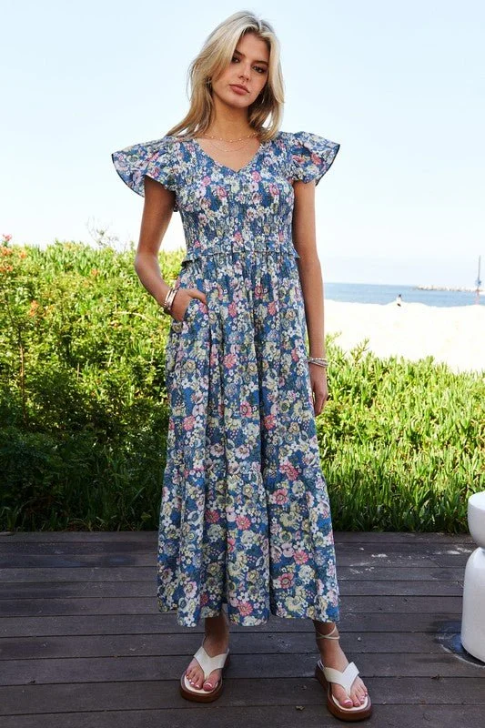 Fashion Frontiers Floral Flutter Sleeve Midi Dress