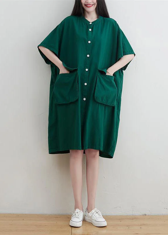 Buy More, Save More Modern Green Oversized Pockets Linen Maxi Dress Short Sleeve