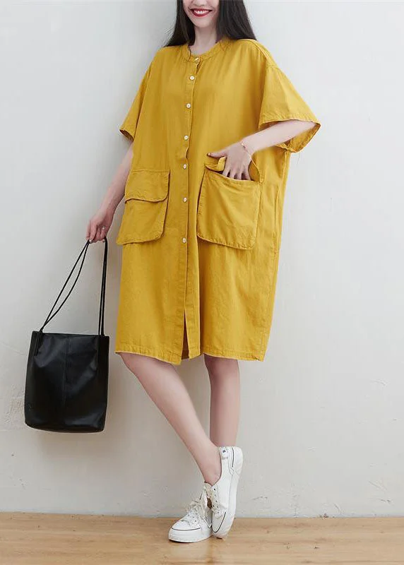 Hot Deals Yellow Linen Maxi Dresses O-Neck Oversized Short Sleeve