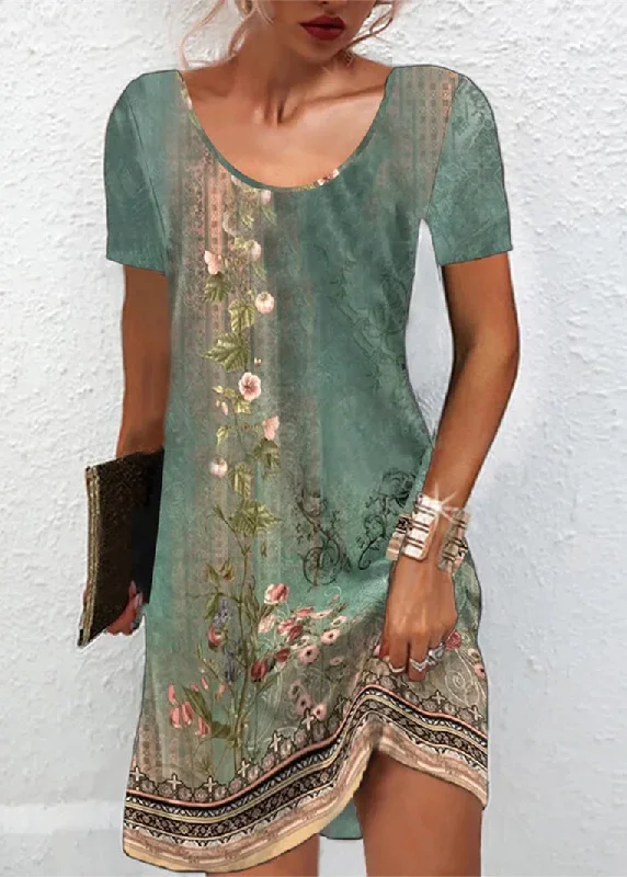 Luxury Fashion Classy Green O-Neck Print Mid Dress Short Sleeve