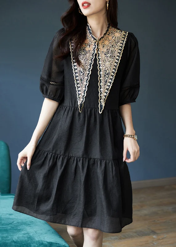 Luxury Women's Clothing Women Black Patchwork Cotton Mid Dress Puff Sleeve