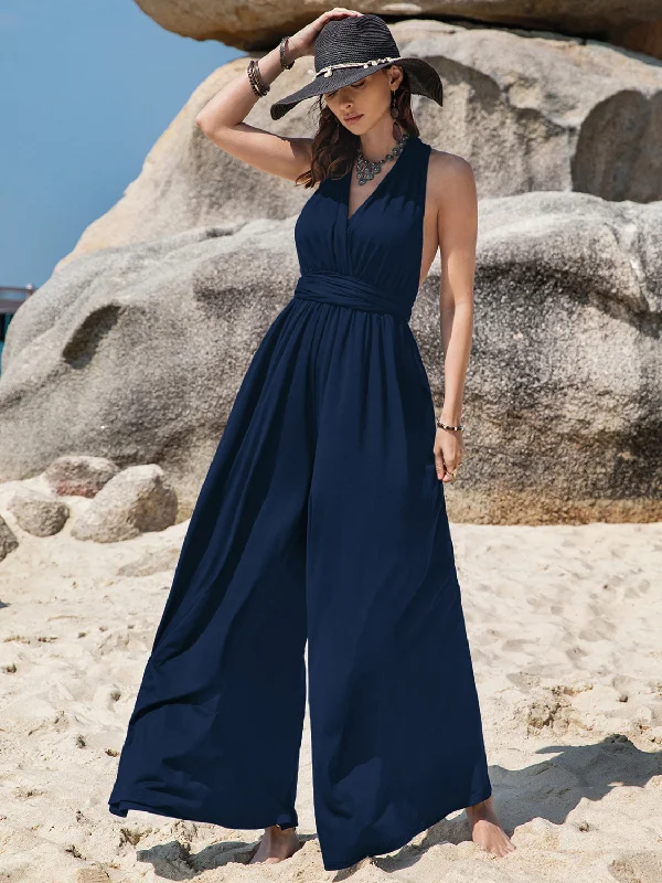 Casual Style for Busy Women Surplice Wide Leg Jumpsuit with Free Tie