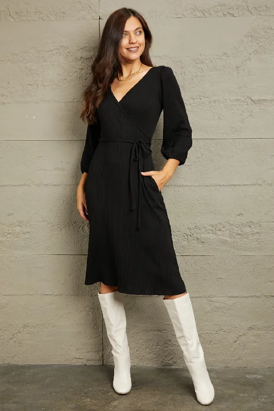 Unbeatable Deals Black Surplice Midi Dress