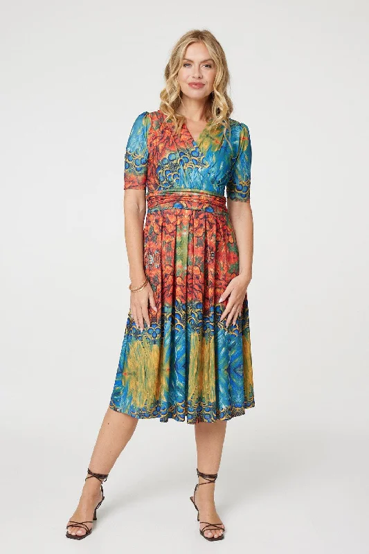 Timeless Elegance Redefined Printed Ruched Waist Faux Wrap Midi Dress