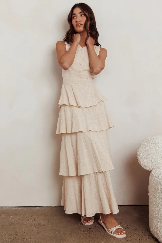 Women Online Clothing Boutiques Just Perfect Tiered Ruffle Maxi Dress Oat