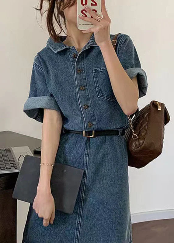 Stylish Looks Retro Denim Blue Peter Pan Collar Patchwork Button Mid Dresses Summer