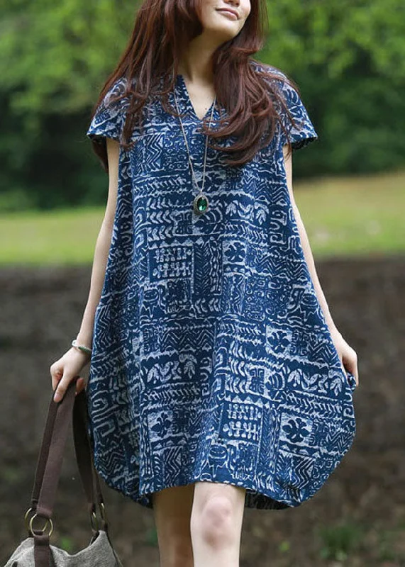 Weekend Exclusive Modern Blue V Neck Print Patchwork Linen Mid Dresses Summer