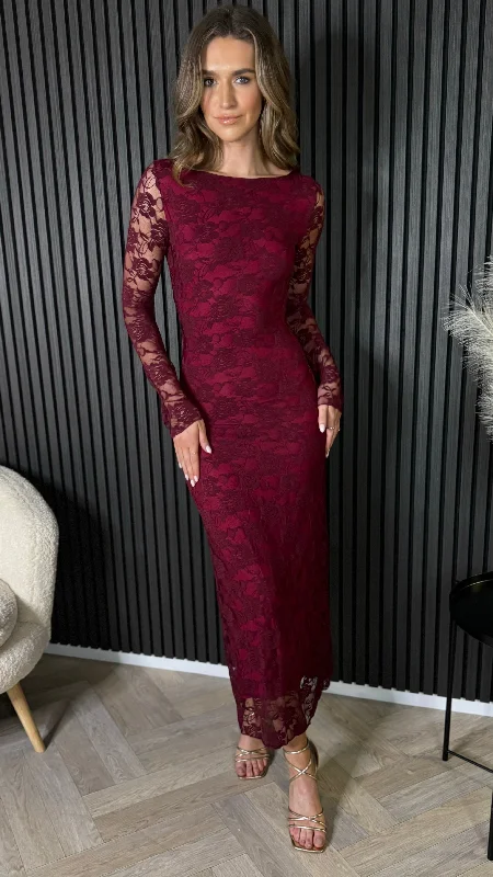 Exclusive Designer Collection Annabella Burgundy Floral Lace Detail Backless Midi Dress