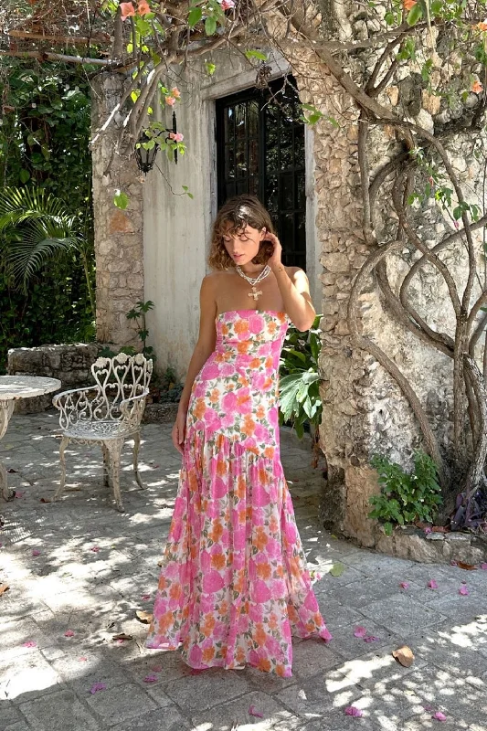 Limited Stock, Big Discounts LaBelle Strapless Drop Waist Pink Floral Maxi Dress