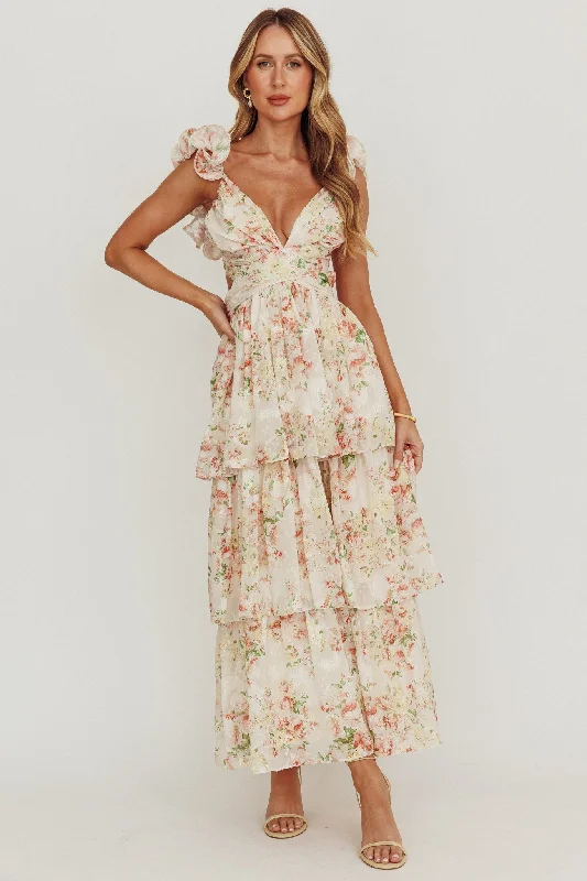 Unique Women's Fashion Pieces Roselle Backless Ruffle Maxi Dress Floral Multi