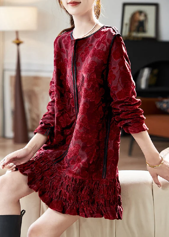 High End Fashion Chic Red O Neck Ruffled Patchwork Velvet Mid Dress Spring