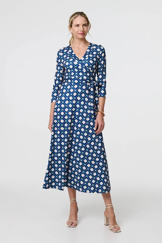 Must Haves Geo Print 3/4 Sleeve Midi Wrap Dress