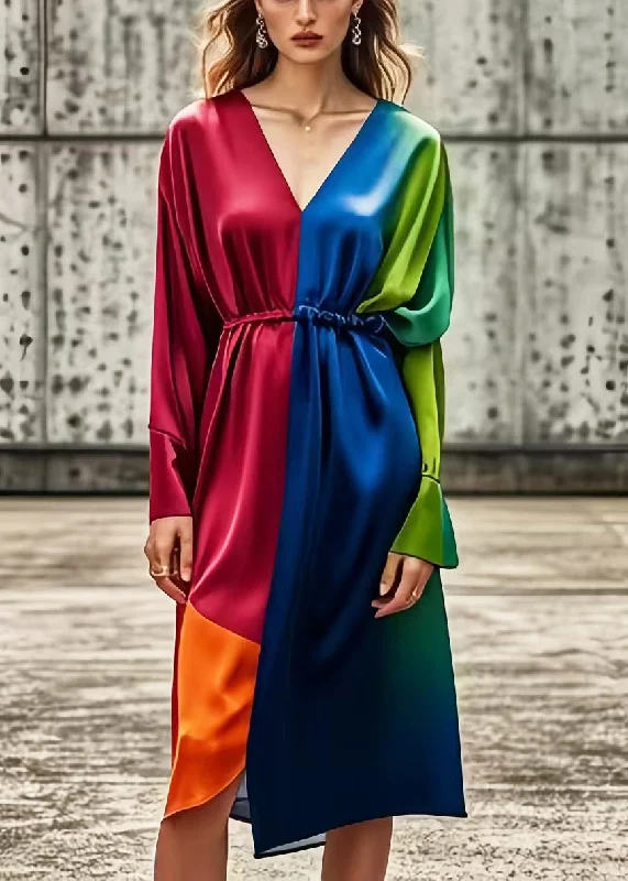 Crazy Price Slashing DIY Colorblock V Neck Patchwork Tie Dye Silk Dress Spring