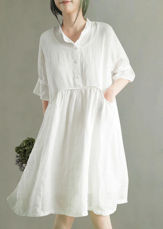 Timeless Elegance Redefined White Wrinkled Button Solid Ramie Mid Dress Half Sleeve